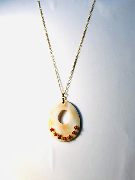 Oval Shell Pendant with red flowers