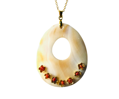 Oval Shell Pendant with red flowers